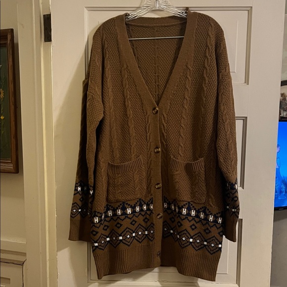 Emery Rose Sweaters - Brown Knit Cardigan with Patterned Hem